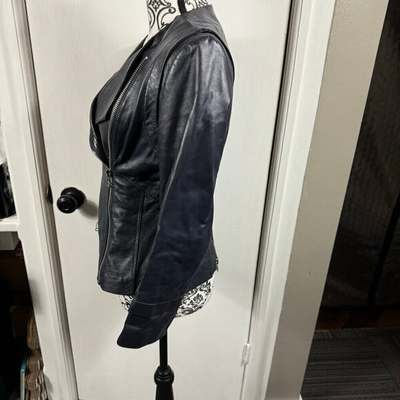 Philippe Adec navy blue 100% leather moto jacket size 4 - Picture 6 of 9